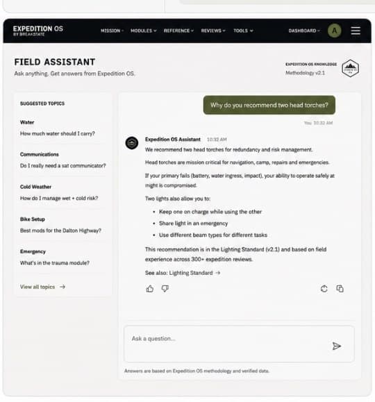 Field Assistant concept mockup: conversational interface answering expedition questions grounded in BreakState methodology