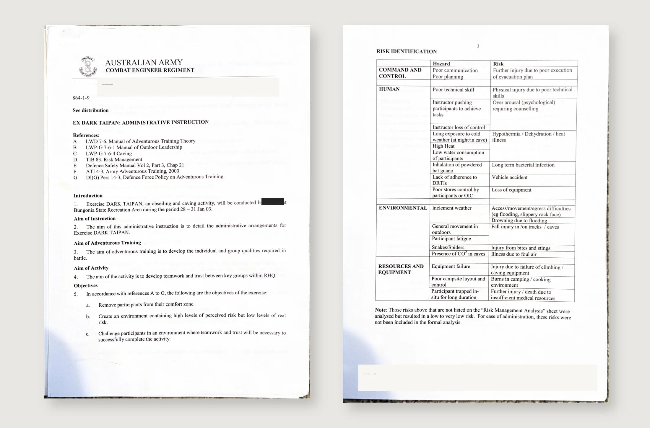 Exercise Taipan administrative instruction and risk identification pages from 2003