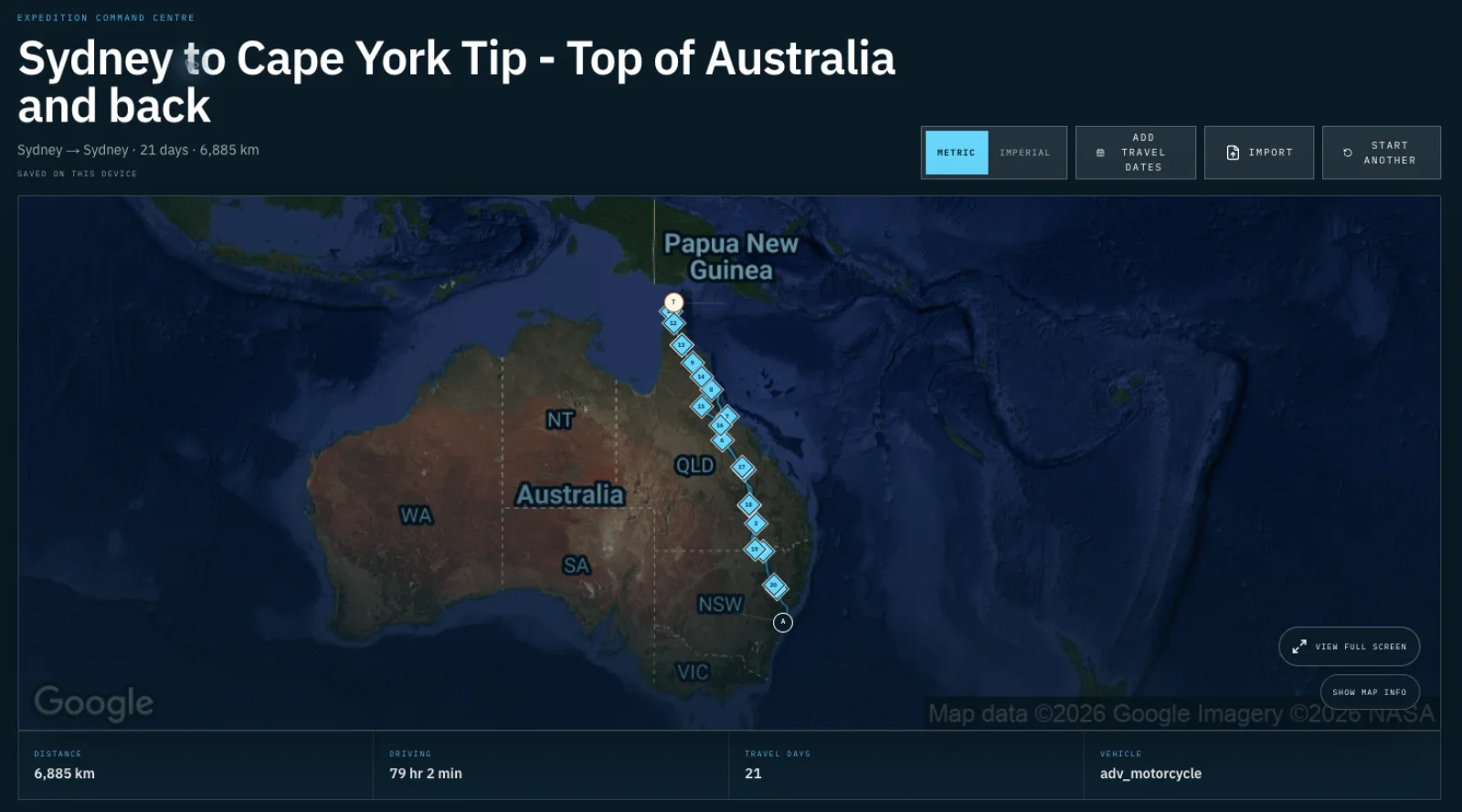 Expedition OS route from Sydney to Cape York and back