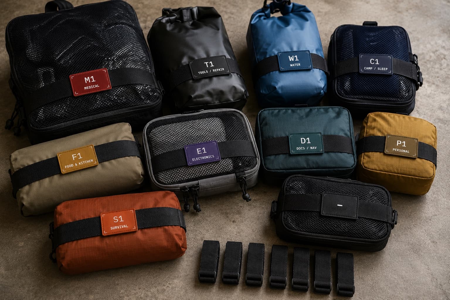 Nine Packing OS modules - M1 Medical, T1 Tools/Repair, W1 Water, C1 Camp/Sleep, F1 Food, E1 Electronics, D1 Docs/Nav, P1 Personal, S1 Survival - each carrying a laser-cut, Velcro-backed Cordura patch on real bags.