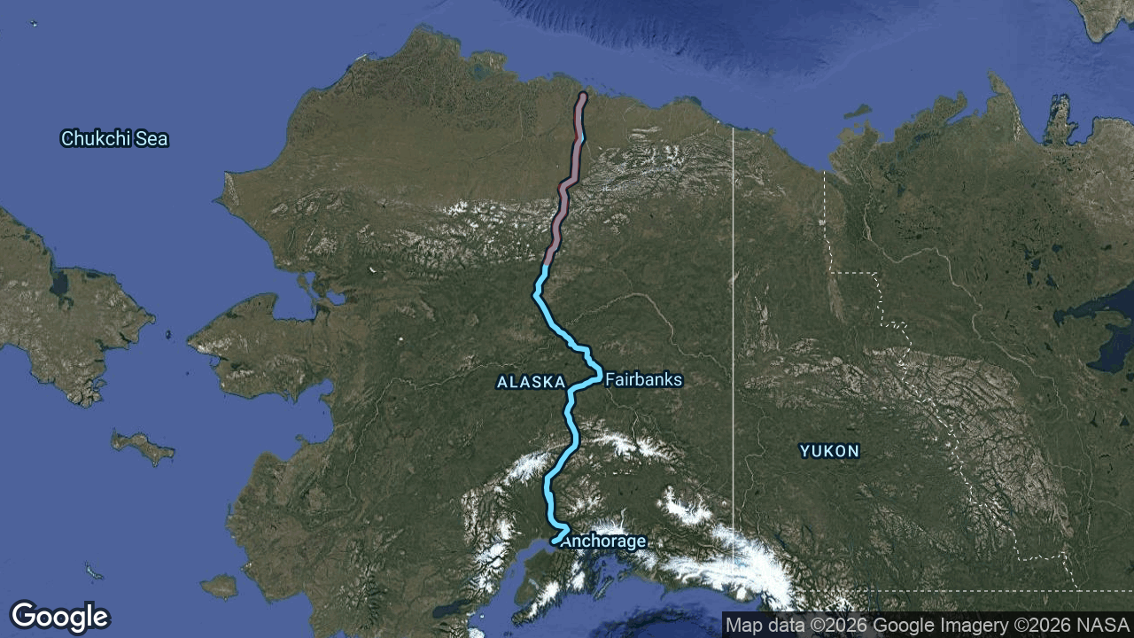 Route map: Anchorage → Deadhorse via the Dalton Highway